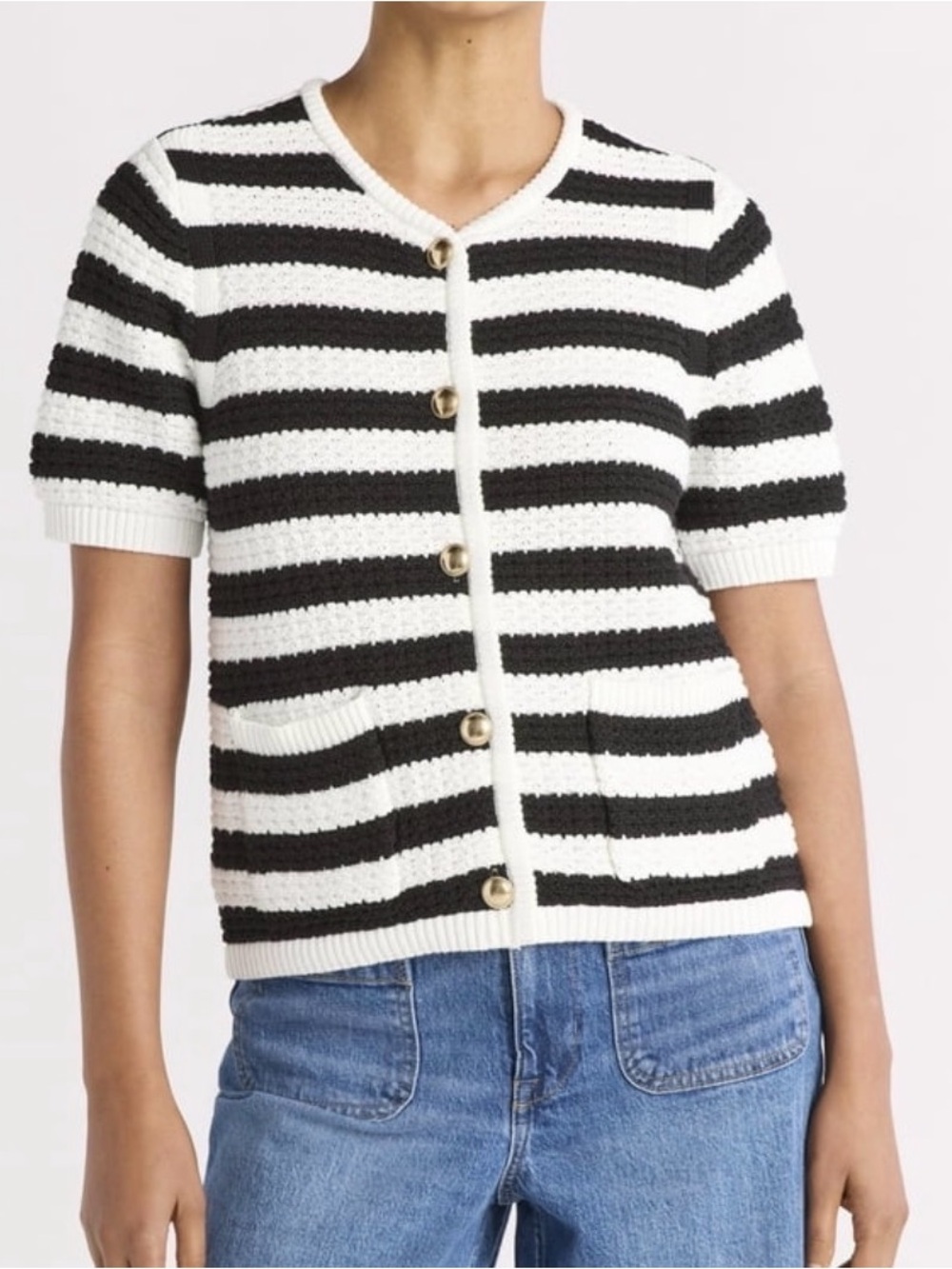 Free Assembly Black and White Striped Short Sleeve Crochet Cardigan - Large